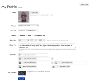This is me establishing my profile on the coursera community.  Debated over whether or not to mention that I am looking to study participants - decided against it ... taking a form of covert participant observation here 