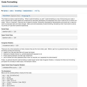 This is a thread started by MOOC community member Travis Brown - it teaches other members how to format their Python code to make it more accessible for secondary developers